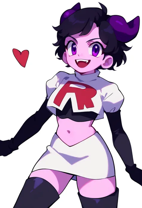 jellybean_yt, solo, looking at viewer, smile, short hair, open mouth, black hair, 1girl, white background, purple eyes, female focus, horns, teeth, colored skin, fangs, team rocket,team rocket uniform,white skirt,red letter R,crop top,black thigh-highs,bla...