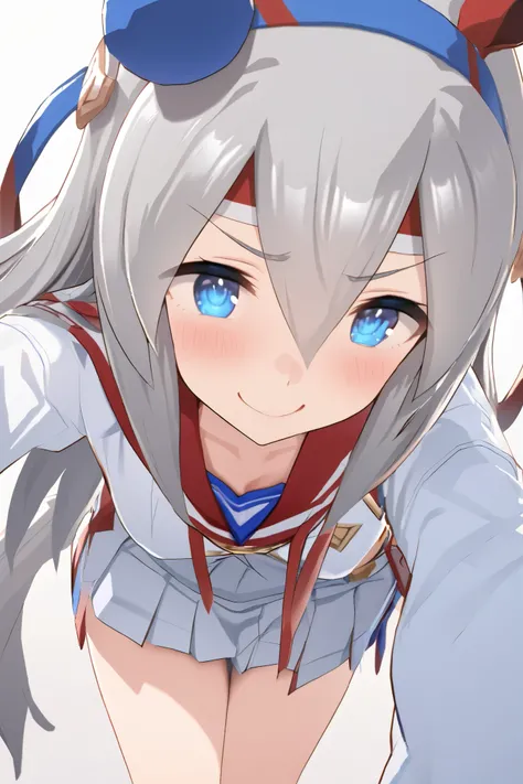 NSFW,masterpiece, top quality , High Definition , very detailed, tamamocross (Uma Musume)、Horse&#39;s ears、 ear covers、 horse tail、Gray Hair、 long hair、 hair bow、 hair between eyes、 blue eyes、 hair ornament、 headband, school uniform, miniskirt,smile,blush