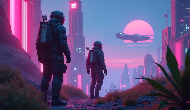 Visual: Colonists in retro future suits scanning the horizon with high-tech equipment.
Establishment of Base Camp


"A neon-lit alien cityscape with futuristic structures, glowing plants, vibrant synthwave colours, and a stylish spaceship floating in the b...