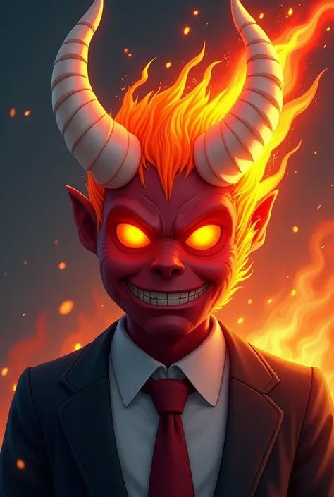 Draw a close up of a person in a suit and tie with a fire in the background, demon white horns, demon horns, demon horn, roblox avatar, fit male demon with white horns, fire demon, devil horns, half - demon horn, horns and red eyes, holy flame crown spell,...