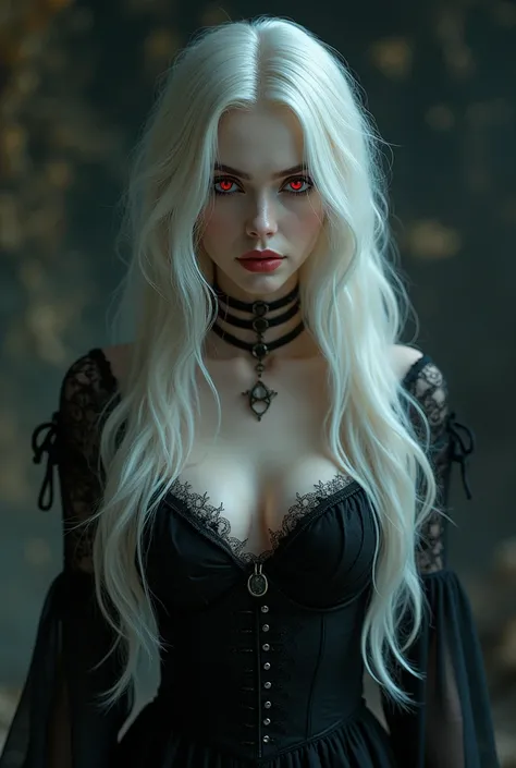 Vampire woman with long platinum hair, pale skin, and red eyes