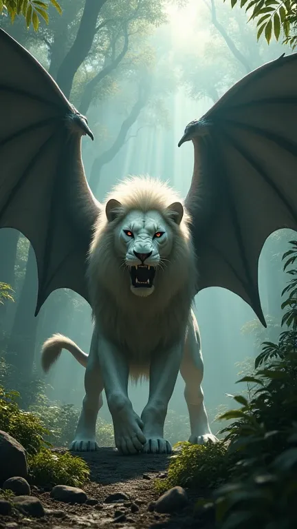 "A cinematic, ultra-realistic 4K scene showing the fusion of a large white lion and a black bat into a single monstrous and terrifying creature. The creature has the lions muscular, majestic body, with its brilliant white fur now marked by black spots, but...