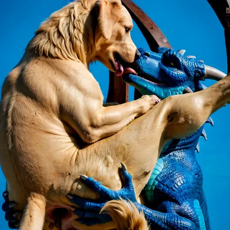 (((duo, feral blue scale dragon, feral fur golden retriever, feral, balls, dirty, anus, spread anus, tail up, French kissing, standing up, holding up by butt)), (((((anatomy correct dog, French kissing, anal feces, Suspended Congress, spread anus, spread l...