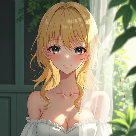 Woman, blonde, white, black eyes, beautiful face, smiling, corner of mouth
Anime style, wearing a white dress, only half seen. 