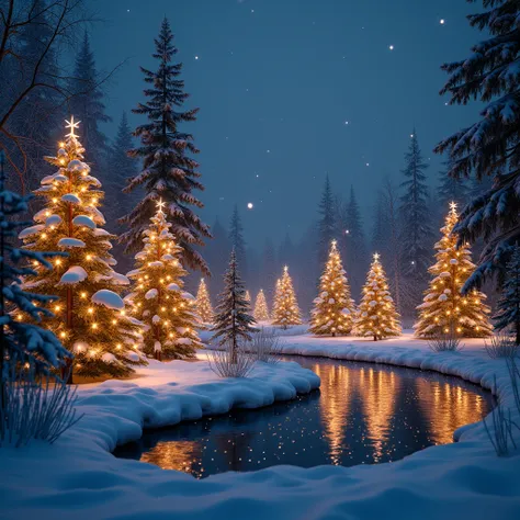  surrounded by countless Christmas trees,  Sparkling Illuminations , ((masterpiece)),  top quality ,  SUPER DETAILS,  High Definition ,  Extremely Detailed CG Integrated 8K Wallpaper,  Dynamic Composition ,  attention to detail , By the pond, snow , Sparkl...