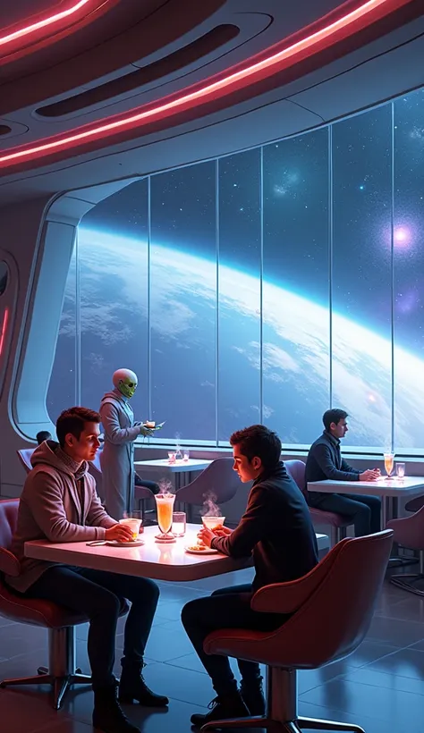 A futuristic coffee shop located in a space station floating in the orbit of a distant planet. The interior has large windows that show the vast expanse of space outside., with colorful nebulas and distant planets. The decor is modern with floating tables ...