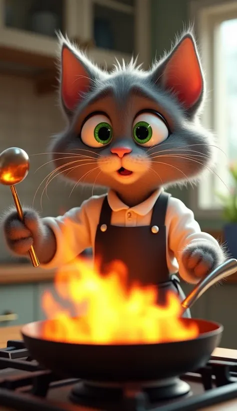  An anthropomorphic cat with grey fur ,  large expressive green eyes ,  wearing a black apron and a white dress shirt .  She is in a modern kitchen , holding a spoon,  looking surprised or scared while cooking .  A frying pan on the stove with fireballs ri...