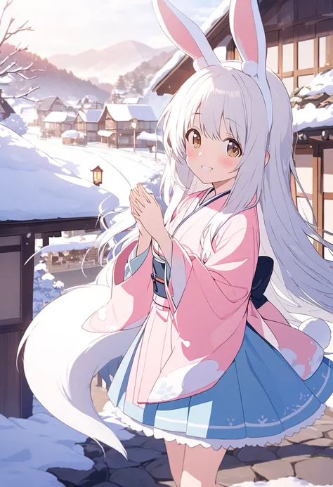  top quality 、Only one person、One 、round face、 slender body、  small breasts、  rabbit ears and tail  、 long hair、Shiny white hair 、 brown eyes、pale pink kimono、 light blue skirt、 holding white socks 、 smile、blush、  raise both hands 、Village with a snowy lan...