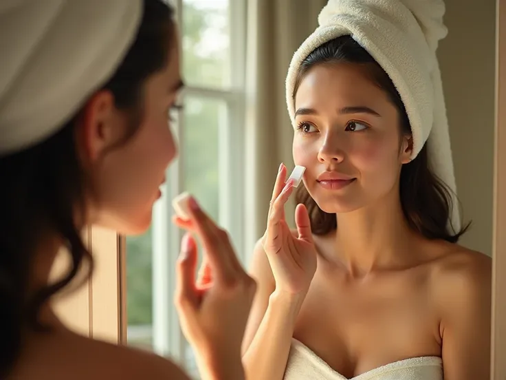  Remote image from the back ,  from the side ,  A woman wraps a white towel, wipes her makeup with a cotton swab in front of a mirror.. . Reflections show light brown eyes ,   Delicate wrinkles  , Small nose,  and black-brown hair, wavy, shoulder-length gr...