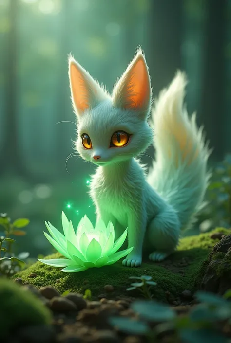 A small, fox-like creature with exactly three long, elegant tails, each tail swaying gracefully and prominently displayed. Its fur is of an uncommon and enchanting color (such as lavender, teal, or golden hues), and its glowing amber eyes radiate wisdom an...