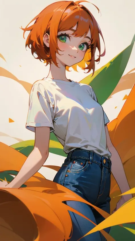  orange hair 、 Shorthair、 green eyes、Illustration of a beautiful girl with a slight smile 、 in a white shirt and jeans