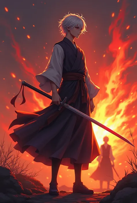 Create a YouTube  thumbnail look like anime but this anime has been like free fire characters and the background colour had been violate  fire. The hair colour of the character is white in his hand he put  a sword.  In the background only one person has he...