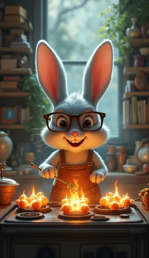 Thistle the Rabbit: A small, energetic rabbit with soft gray fur, oversized glasses, and a bright smile. She is grilling skewers of enchanted mushrooms that emit a soft, golden light over a vintage stovetop with blue flames that flicker unnaturally. The ba...