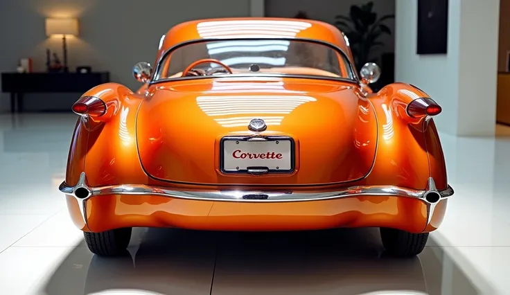 rear view of painted Dark Orange   with shiny clour 1953 Corvette Buillt sleek in large shape sedan in large size with Corvette  logo on its large detailed grille in shiny Dark Orange  clour with angular sporty design captured from close rear view with mod...