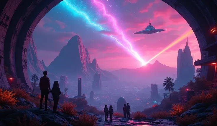 Visual: Colonists admiring the colorful meteor shower from inside the dome.
Enabling Terraforming Machine

"A neon-lit alien cityscape with futuristic structures, glowing plants, vibrant synthwave colours, and a stylish spaceship floating in the background...