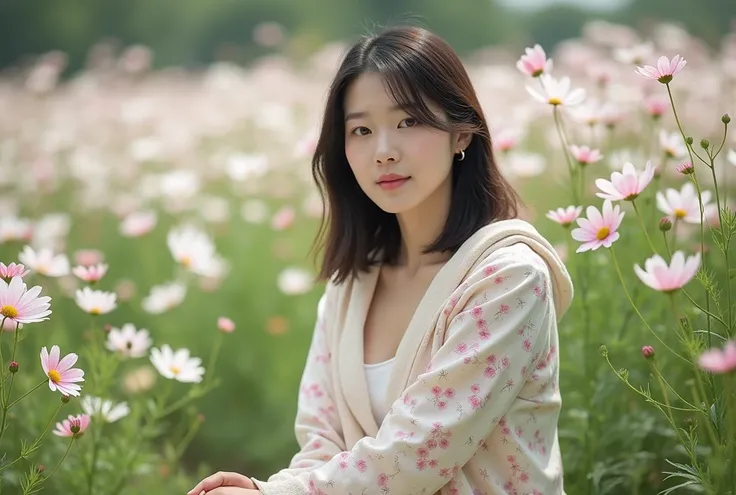  beautiful Korean woman in her 40s putting her hand in her pocket, Inspired by movie star Son Ye-jin. , smooth white skin ,  neat and quiet look ,  Short Medium Length Hair ,  Korean style hair , I was wearing a pretty hooded floral dress. white shoes,  si...