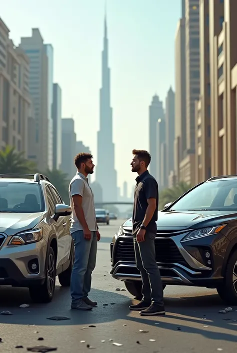 Two accident cars ahead, two drivers talking calmly about the accident in dubai