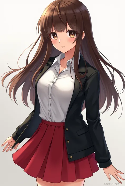 An anime girl with dark brown eyes and long brown hair, wearing a black jacket, white shirt, and short red skirt. 