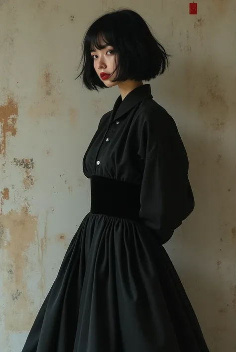 a woman in a black dress standing in front of a wall, an album cover inspired by Gao Cen, tumblr, shin hanga, sun yunjoo, rei kawakubo artwork, profile pic, iu lee ji-eun as a super villain, cruel korean goth girl, sui ishida with black hair, she is wearin...