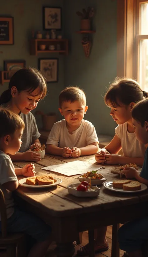 A realistic table with basic food, handmade ornaments, and a soldier’s letter being read aloud by a family.