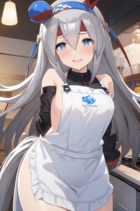 NSFW,masterpiece, top quality , High Definition , very detailed, tamamocross (Uma Musume)、Horse&#39;s ears、 ear covers、 horse tail、Gray Hair、 long hair、 hair bow、 hair between eyes、 blue eyes、 hair ornament、 headband, apron, Night Kitchen,smile,blush