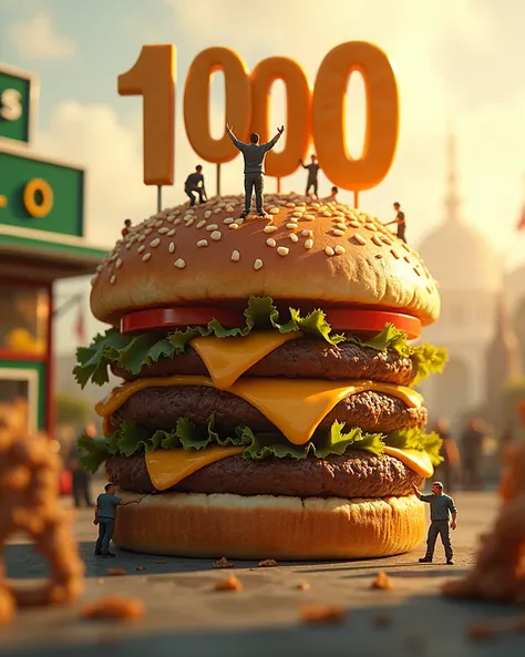 "A large, towering Zinger burger sits in the center of the frame, with tiny people climbing on it like mountaineers, using ropes to ascend its layers. At the very top of the burger, a man stands proudly, lifting a 3D number 1000 as if celebrating a victory...