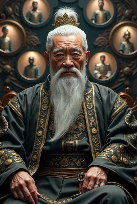 A most beautiful white bearded old man looks at the camera dressed in old fashioned Chinese antiques sitting two left hand glass circle showing 12 most beautiful and truthful armor 