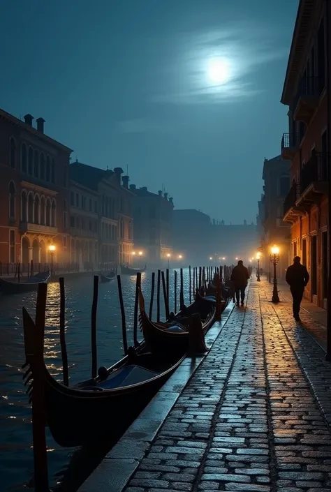 A serene nighttime view of Venice, with moonlight reflecting off the quiet canals. Gondolas are docked, and the cobblestone streets are deserted. A faint mist hangs over the water, and distant lampposts cast a warm, golden glow.