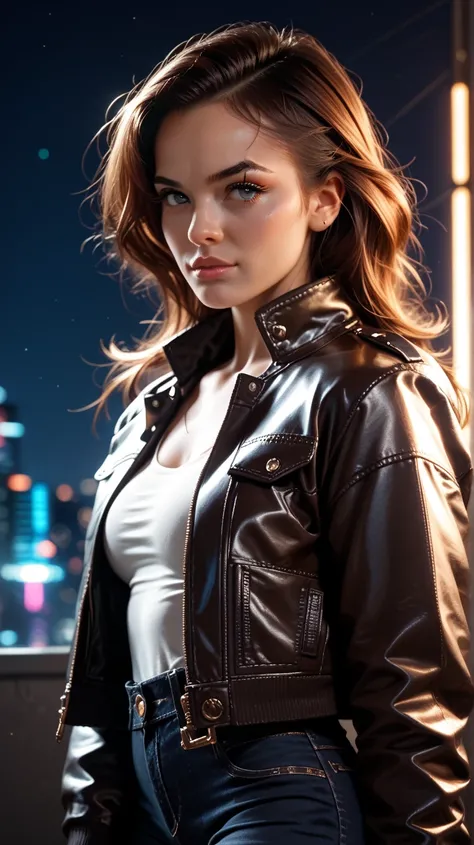  portrait of natlp as a beautiful female model, Georgia Fowler,  beautiful faces, Short dark brown hair, On a cyberpunk city night .  Shes wearing a leather jacket ,  black jeans, Dramatic lighting