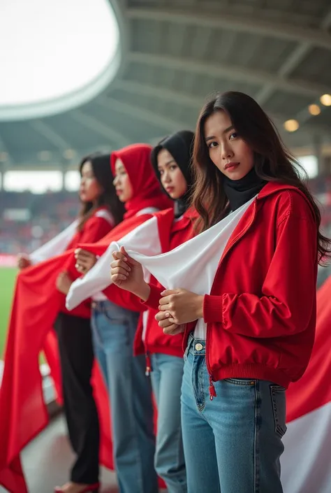  4 beautiful women , wearing a veil, wear a red and white sports jacket and wear long jeans, standing on the spectator stand and smiling, her hands spread red and white fabric ,  photo inside the building of an indonesian football stadium ,  there are some...