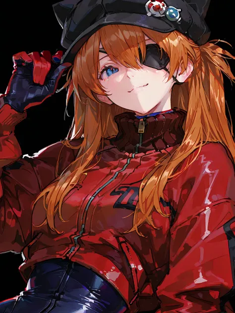  top quality , masterpiece,        748cm style       ,        1 girl,   ,       viewers,  ,        upper body, smile,,      Neon Genesis Evangelion 、     Shikinami Asuka Langley、    red jacket , Bodysuit under clothes, Cat hat,      eye patch,  
       
 s...