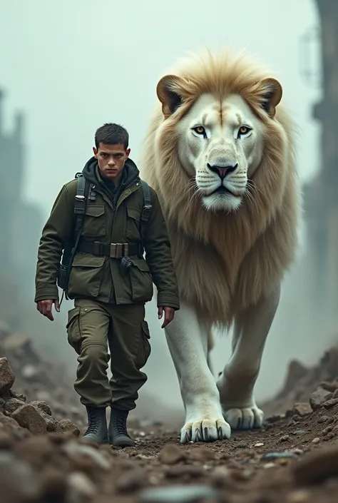 A young man dressed in a war jacket walks side by side with a large, thick-haired white lion at a war site