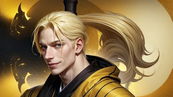 A tall and strong man, albino skin, blonde hairs, yellow open kimono with golden details, a menacing grim smile and open eyes