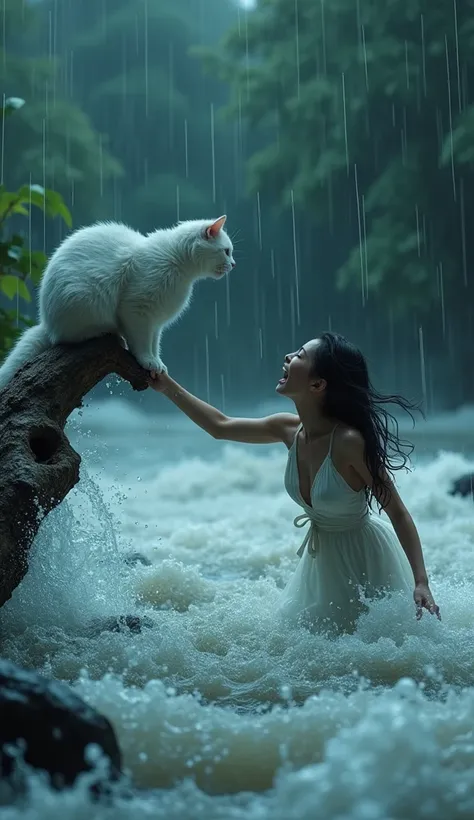 In cinematic 3D style, HD image ,realistic image ,colourful image.
Character,White cat completely wet in water
Character, 30 year young women wearing white long dress.
Action,A river is flowing very fast, its water is gushing out very fast, young women are...