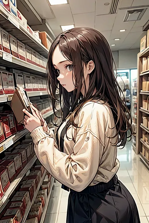 A 22-year-old dark-haired girl picking out clothes at a 、 clothing store at noon in December、The display size of the person is 25 %About 