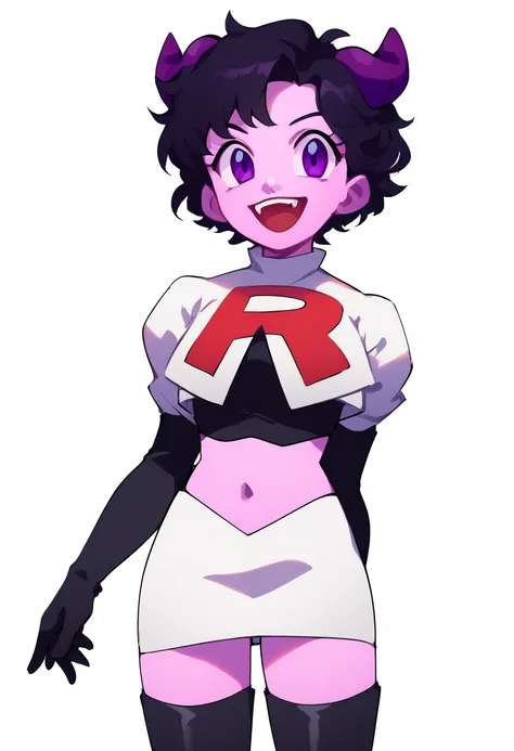 jellybean_yt, solo, looking at viewer, smile, short hair, open mouth, black hair, 1girl, white background, purple eyes, female focus, horns, teeth, colored skin, fangs, team rocket,team rocket uniform,white skirt,red letter R,crop top,black thigh-highs,bla...