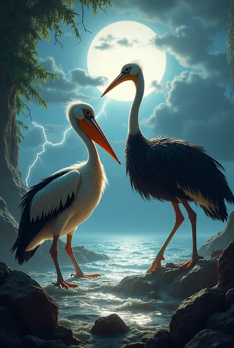 Give me an image of the pelican and ostrich, both furious and facing each other in a setting of water, rocks and vegetation, with the full moon and lightning behind them. 