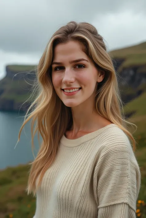 Faça ela loira, make her wear cotton sweater. details, make it realistic, Faroe Islands scenery.