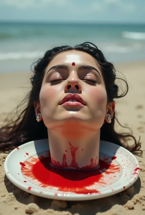 Beautiful chubby Actresss decapitated head put on platter on a beach. Few blood spots around the neck. Amputated head has dark pony tail hair style, bindi on forehead precisely between eye brows, eyes closed, mouth sightly apart, wearing ear ring, and wear...