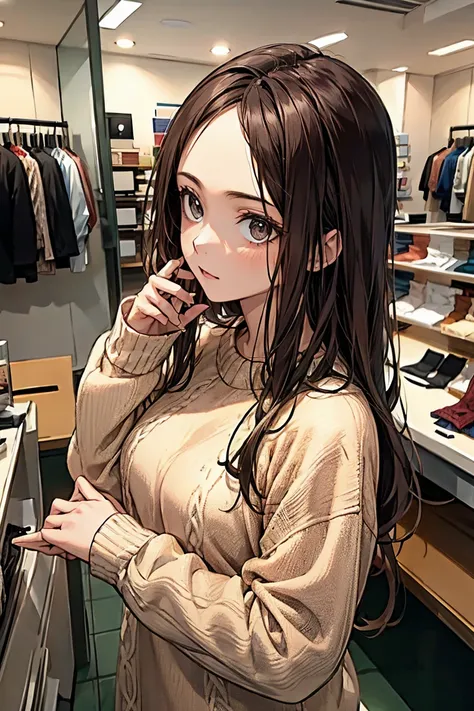 A 22-year-old dark-haired girl picking out clothes at a 、22-year-old dark-haired girl choosing a sweater in an apparel shop、The display size of the person is 25 %About 