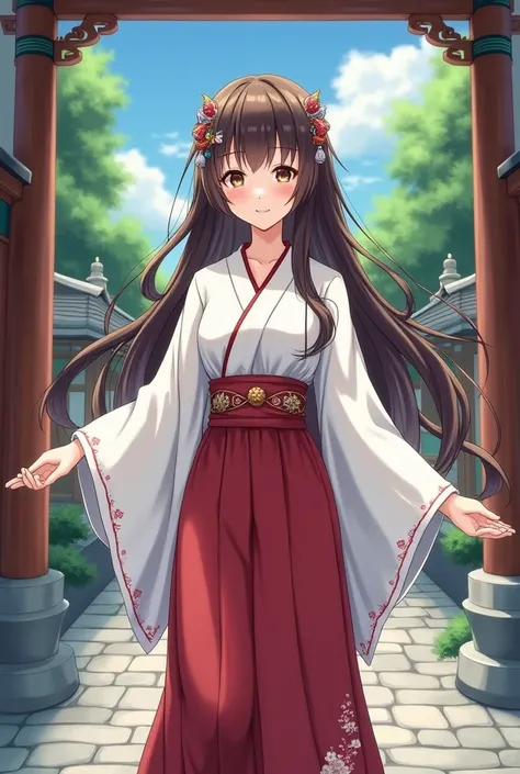 An anime girl with dark brown eyes and long brown hair dressed as a Japanese priestess 