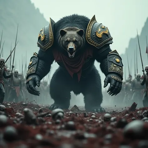 Dark Bear, Shadow bear, armored Warrior Bear, zombies on the ground, black and gold armored fur, digitigrade, highly detailed, realistic, cinematic lighting, dark fantasy, (best quality,4k,8k,highres,masterpiece:1.2),ultra-detailed,(realistic,photorealisti...