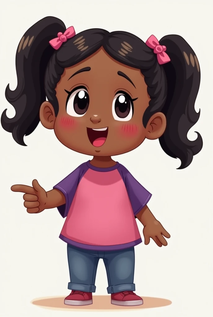 please make me a little  cartoon character have a black brown color,  in pigtails 1 ,  wearing a pink and purple shirt ,  with various moods , like happy , Laugh,  is pointing at something ,  and also make a picture of the pattern of this character 