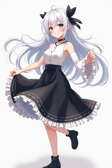 anime. best quality, ultra high res,1girl, ultra , sleeveless white button frill sleeves shirt  black skirt,with white frill. black short boots. black choker, black cute, (aegyo sal:1), (long white hair with black ribbon (light blue eyes)), looking at view...