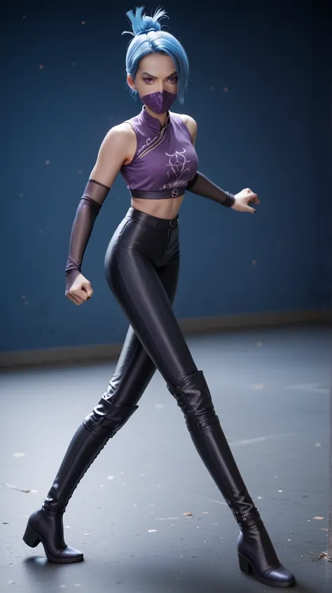 1girl, night thief, blue hair, folded ponytail, purple eyes, ninja mask, mouth mask, purple crop top, black shiny high waisted disco pants, black elbow gloves, thigh boots, standing on the floor, battle stance, look at the viewer