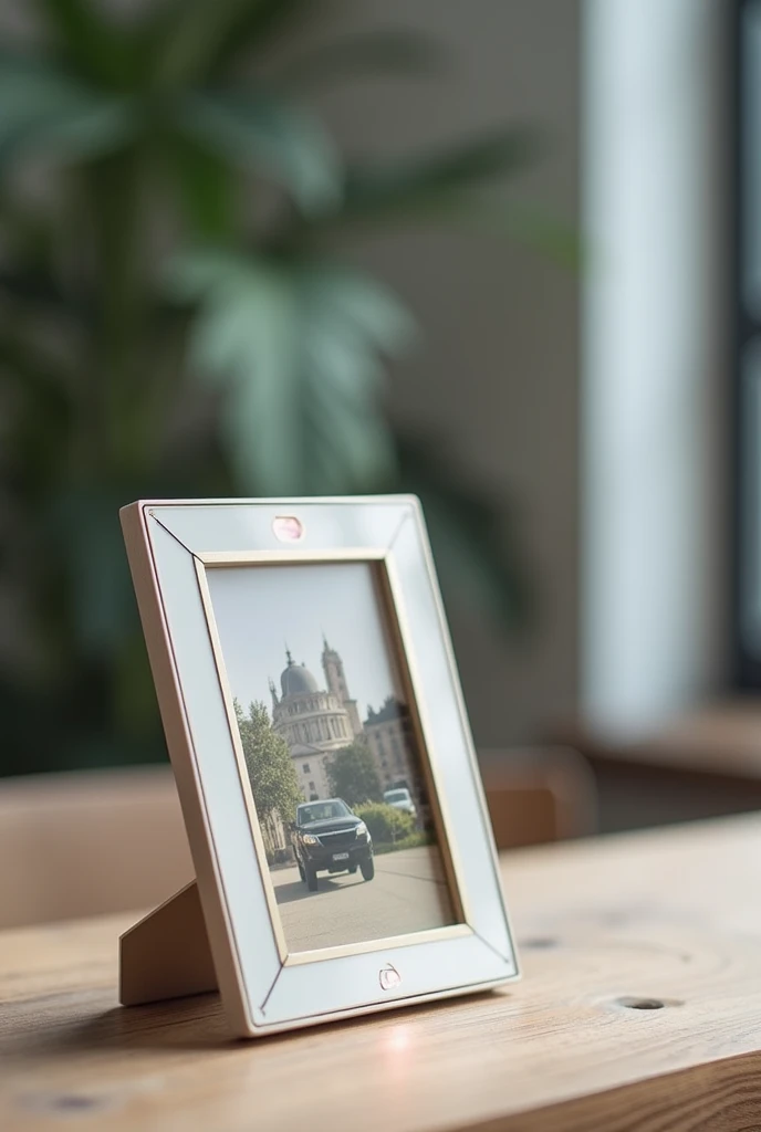 Design a combination of photo frame and camera where the camera is located behind the photo frame 