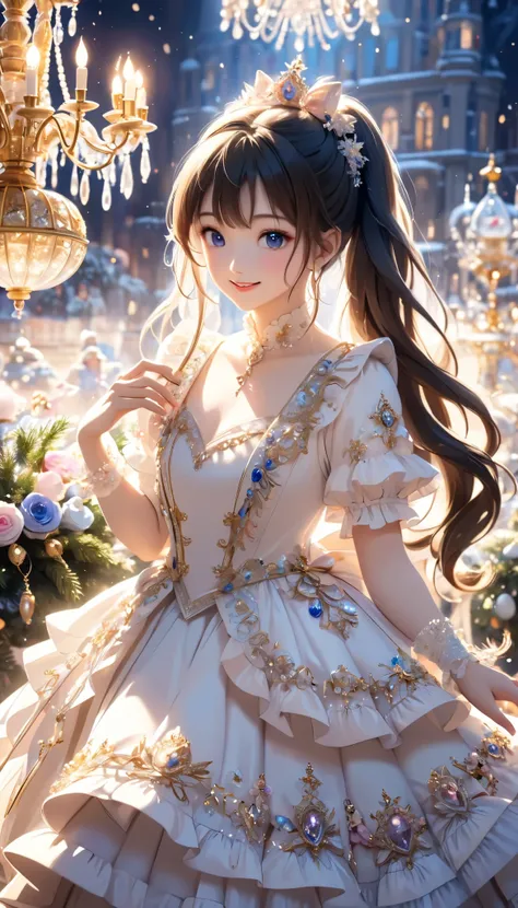Dramatic composition, Court dress, Royal, christmas outfit, nice, Cascading Ruffles, Raffle, bow, Crystal Chandelier , Swirl Hairstyles, Place, drill-like double ponytail , camera , bangs, Maximalism , Palace-like background, Delicate depiction of hair and...