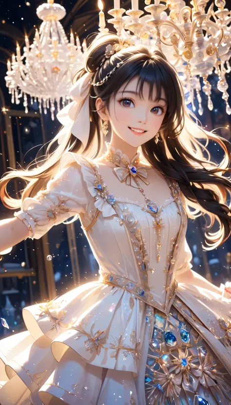 Dramatic composition, Court dress, Royal, christmas outfit, nice, Cascading Ruffles, Raffle, bow, Crystal Chandelier , Swirl Hairstyles, Place, drill-like double ponytail , camera , bangs, Maximalism , Palace-like background, Delicate depiction of hair and...