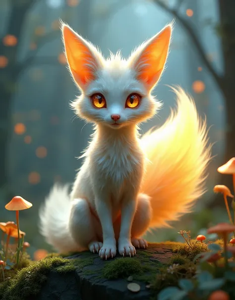 A small, fox-like creature with three distinct, fluffy tails that radiate a soft, magical glow, making them the centerpiece of its design. Its compact body is covered in fine, silky fur that shifts subtly between shades of silver and pale gold, giving it a...