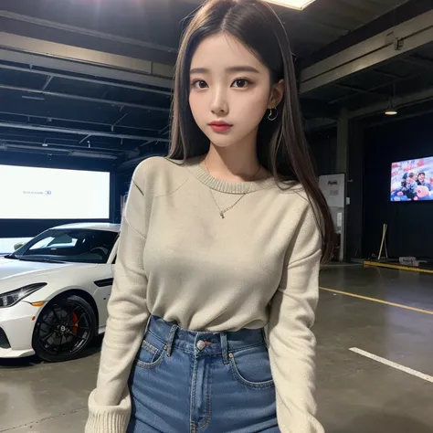 highest quality，masterpiece，Ultra-high resolution, Very detailed, 8k,circuit pit,Japanese car,garage,Femele Japanese 22-24years-old girl,wintter fassion,long sleeves,TV caster,studio,net cafe,
